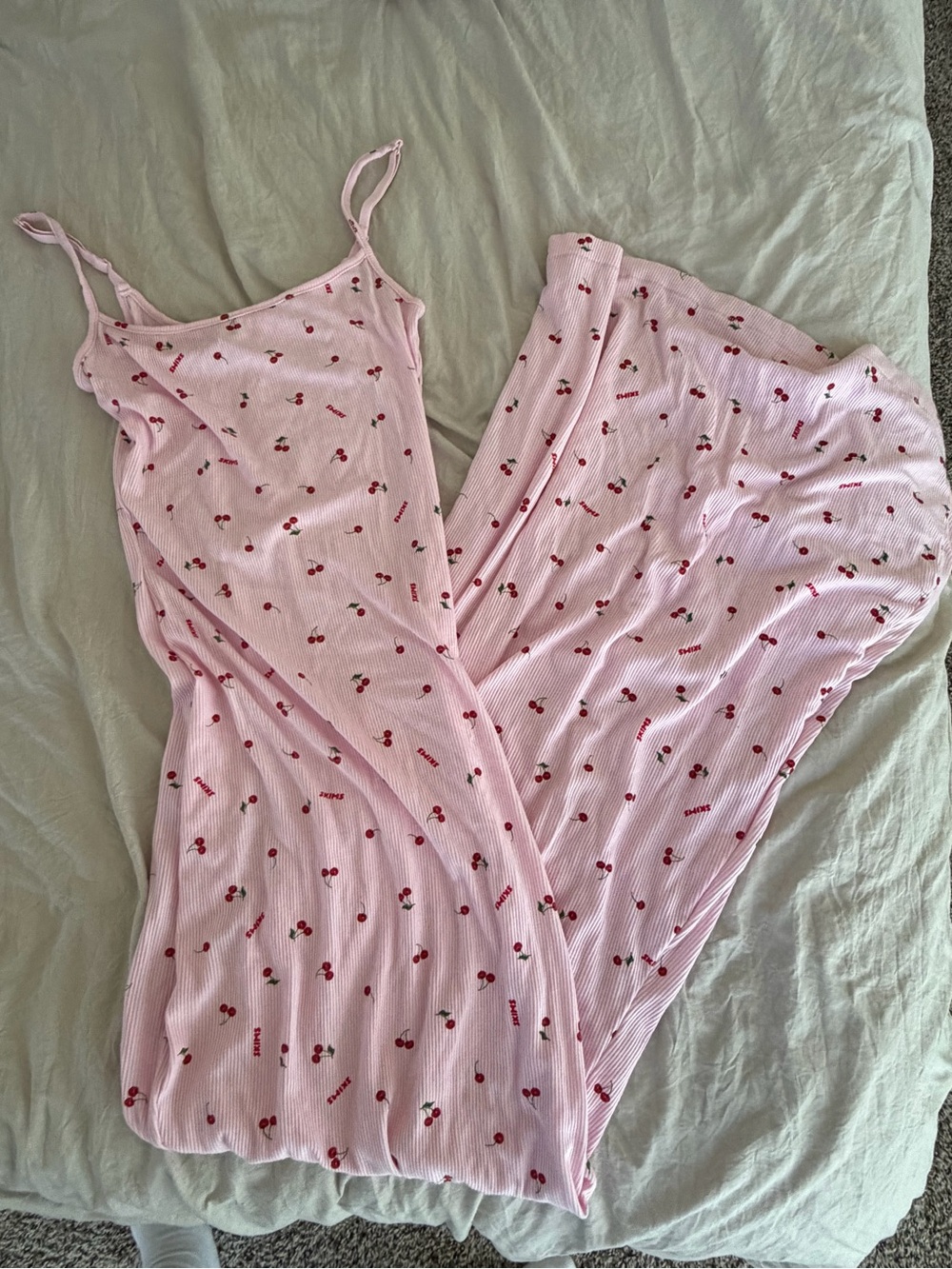 Skims Pink Cherry-Print Ribbed Cami Maxi Dress